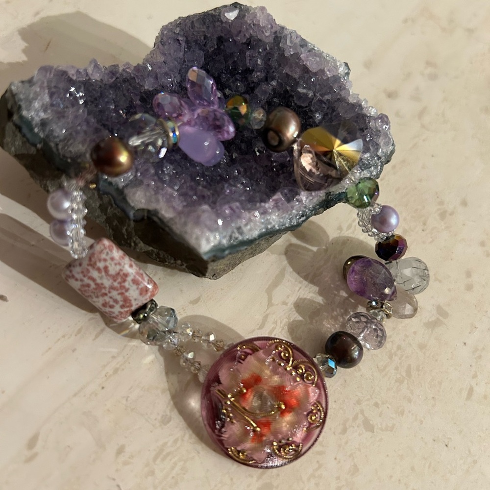 bracelet one of a kind, unusual beads, crystals, pearls, unique button